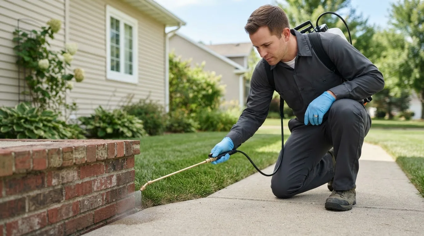 Pest control technician treating a home near Otis Orchards, WA