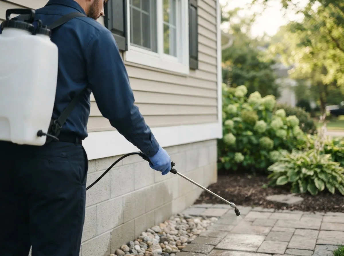 Pest control technician inspecting a home in Otis Orchards, WA